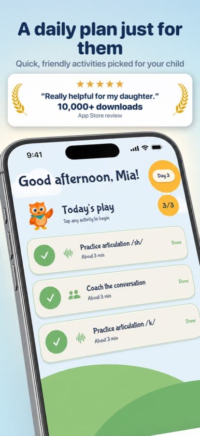 The home screen showing today’s short plan: articulation practice for /sh/ and /k/, and a conversation activity