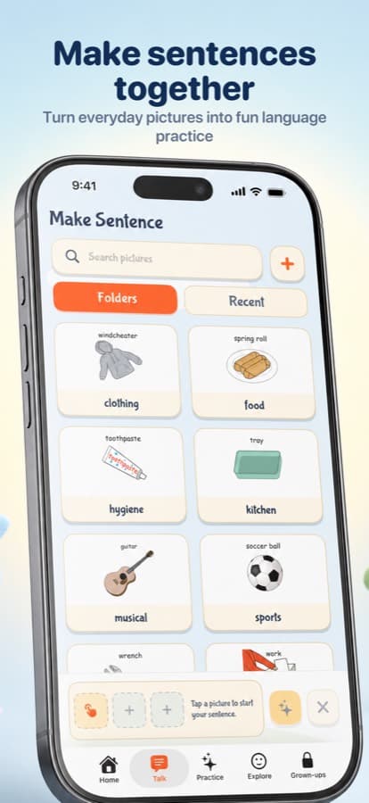 The Make Sentence screen, with picture folders for clothing, food, hygiene, kitchen and more