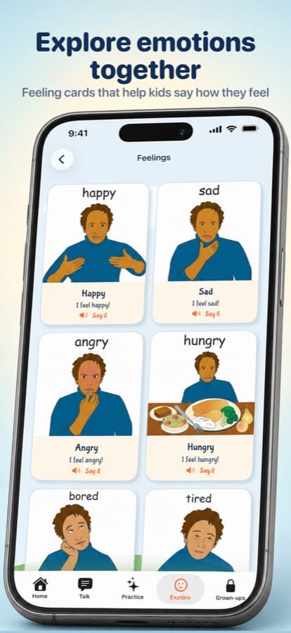 The Feelings board with cards for happy, sad, angry, hungry, bored and tired, each with a Say it button