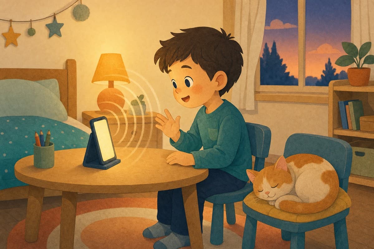 A boy sits at a small table talking to a phone propped in a stand, sound rings rippling out as the app listens to his speech.