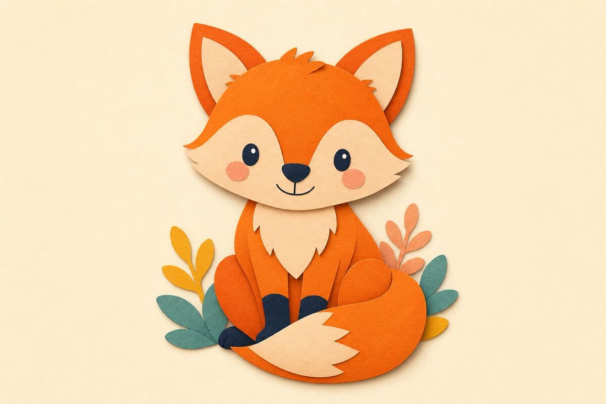 Cut-paper illustration of a smiling orange fox sitting with its bushy tail curled in front of it, for the F sound word fox.