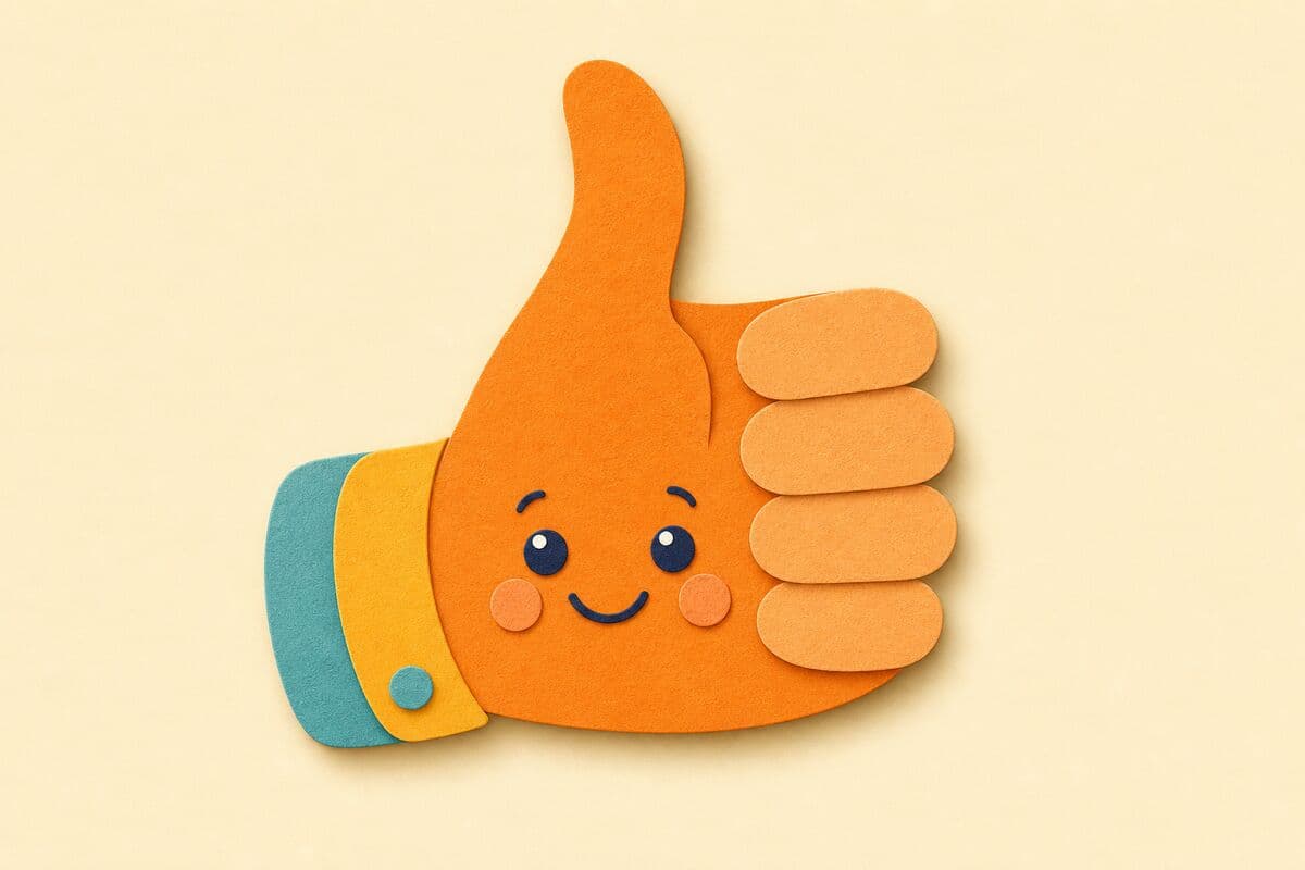 Cut-paper illustration of a smiling orange hand giving a thumbs-up, for the TH sound word thumb.