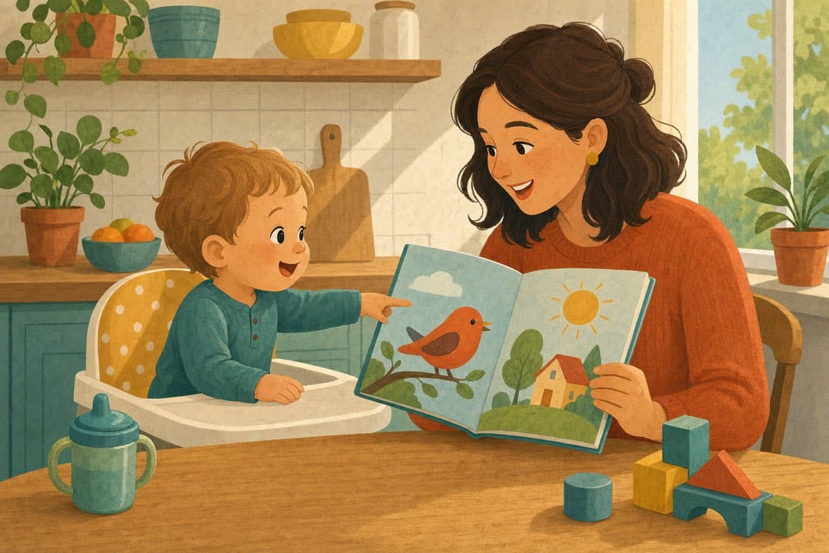 A two-year-old in a high chair points at a bird in a picture book that his mother holds open across the kitchen table.