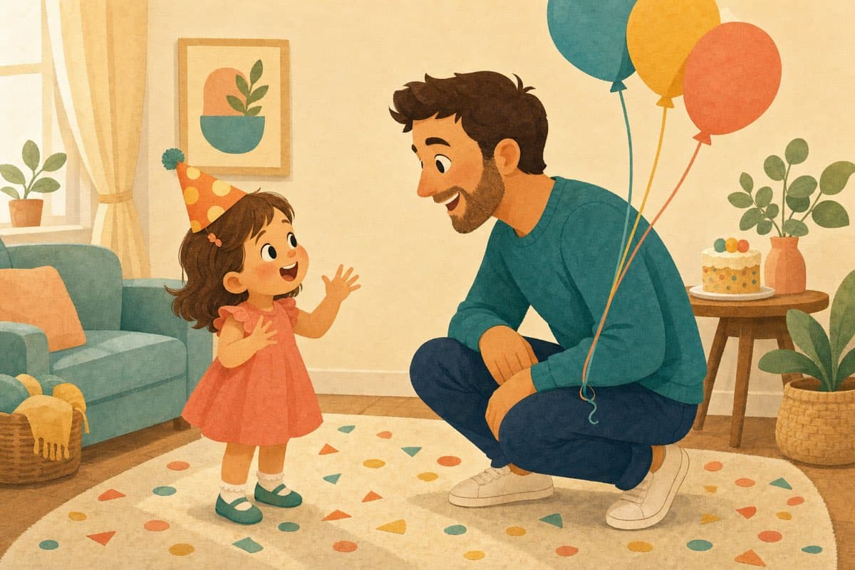A three-year-old girl in a party hat talks and gestures to her crouching dad, with balloons and a birthday cake behind them.