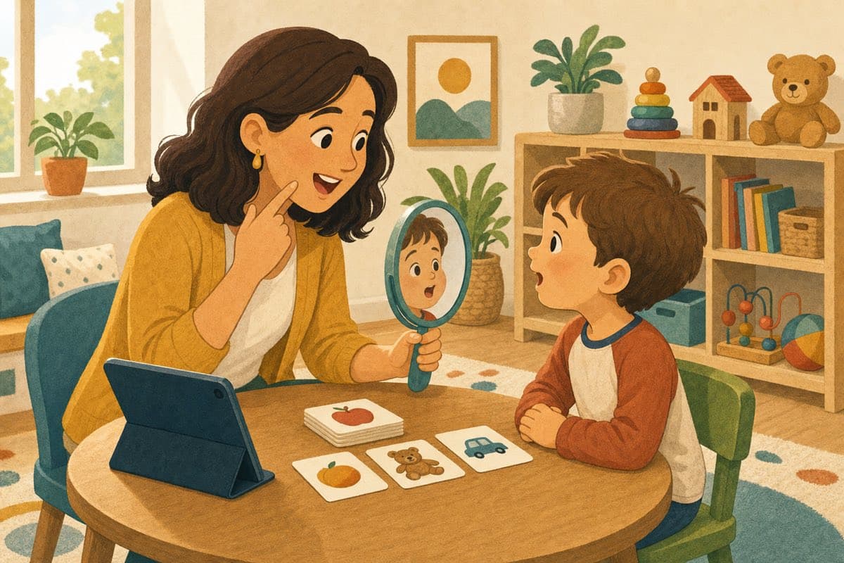 A speech-language therapist sits across a small round table from a young child in a clinic room, a tablet, a hand mirror and picture cards between them.