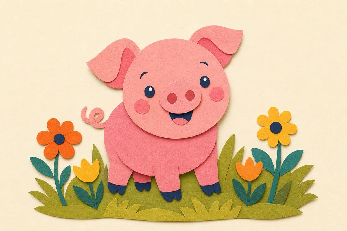 Cut-paper illustration of a happy pink pig standing in grass and flowers, for the P sound word pig.