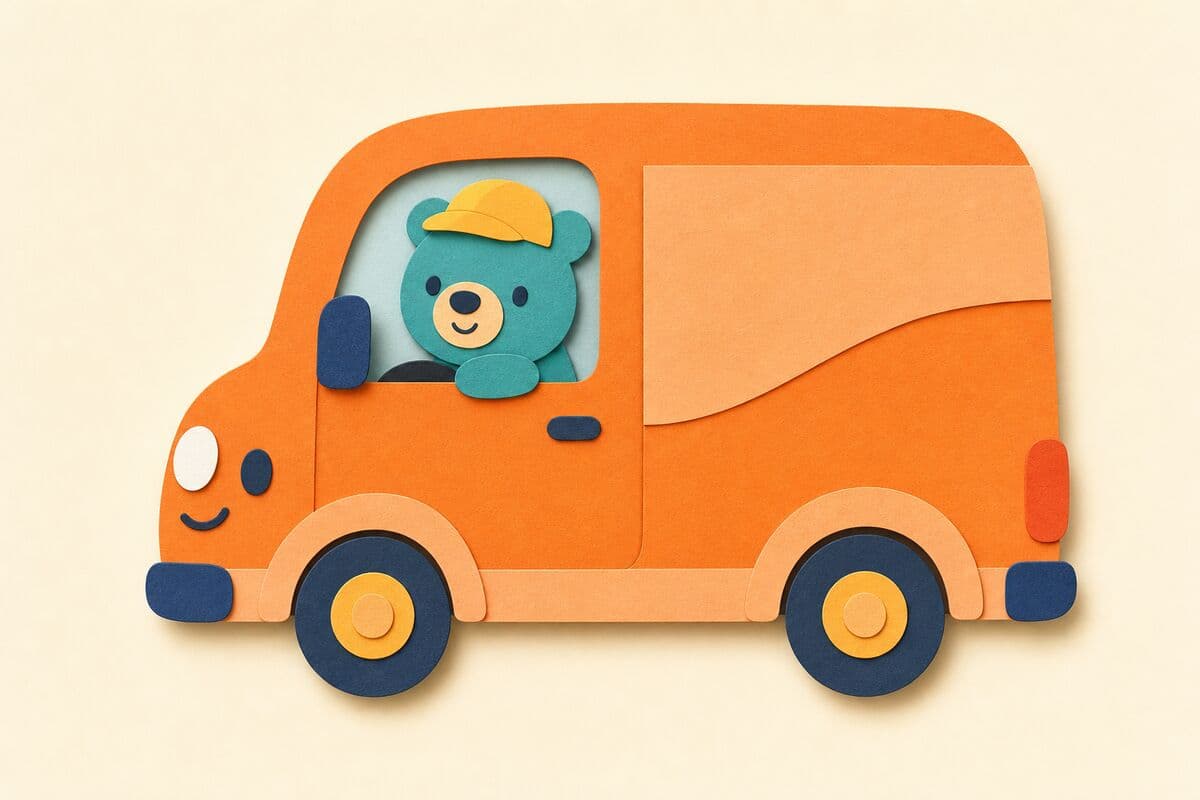 Cut-paper illustration of an orange van with a small teal bear driving it, for the V sound word van.