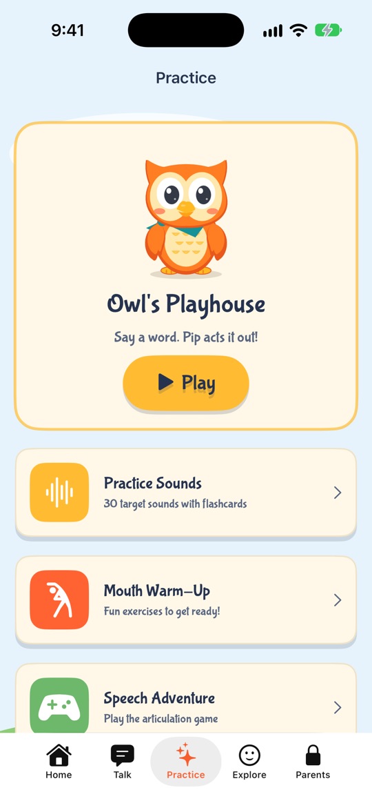 The Practice tab with Owl’s Playhouse, Practice Sounds, Mouth Warm-Up and Speech Adventure